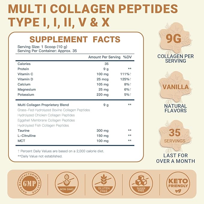 DRFOSTER Vanilla Collagen Peptides Powder for Women & Men, Multi Type I II III V X Collagen with multivitamins & Minerals for Skin, Hair & Nails & Joints, Non-GMO, 35 Servings