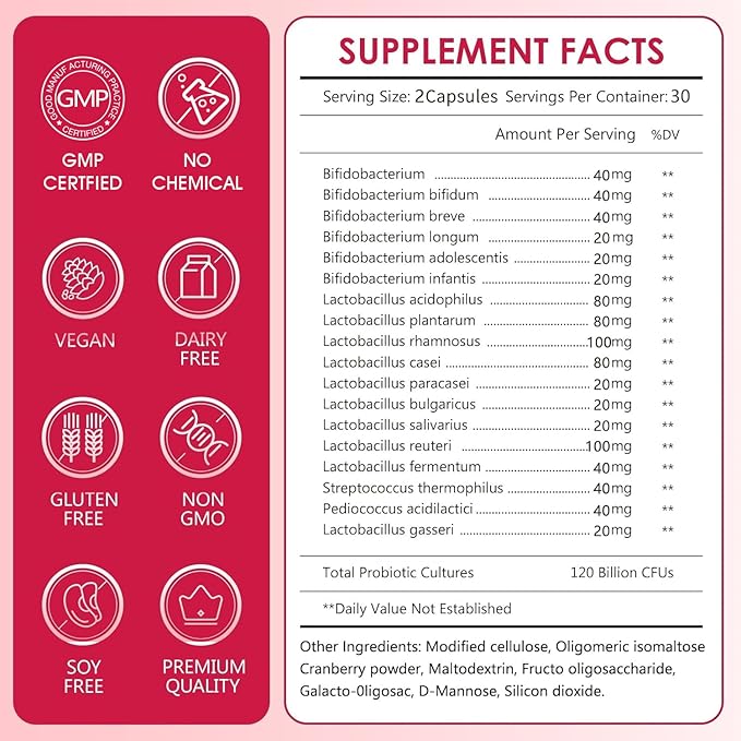 CANLIST Women's Probiotics 120 Billion CFUs 18 Strains 3 Prebiotics & Digestive Enzymes Contains Organic Prebiotic Cranberry Women's Health Digestive & Immune Support Non-GMO, 60 Capsules