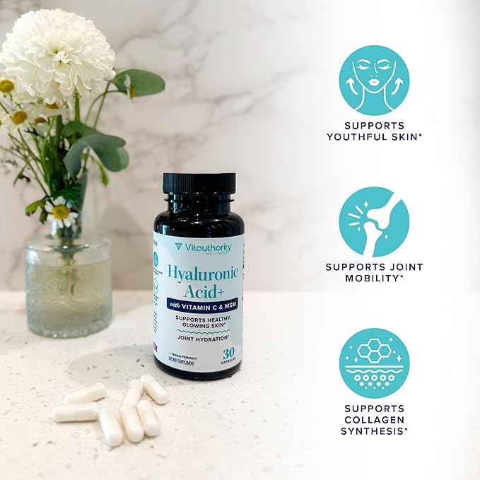 Hyaluronic Acid Capsules with MSM & Vitamin C | 120mg Sodium Hyaluronate | Skin Hydration, Elasticity & Collagen Support | Vegan, Non-GMO, Antioxidant Beauty Supplement 30 Servings