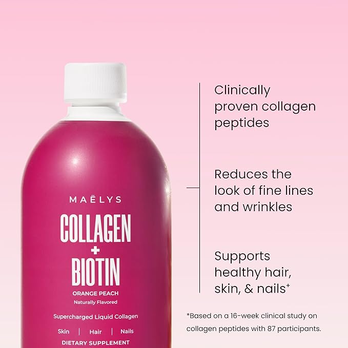 MAËLYS Collagen + BIOTIN Supercharged Liquid Collagen - Drinkable Hydrolyzed Type I & III Collagen Supplement with Biotin, Vitamin C, Zinc & Folic Acid - Orange Peach Flavor (500 mL)