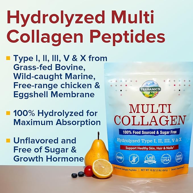 Terranics Multi Collagen Peptides Powder, 1lb, 20g Per Serving, Hydrolyzed Collagen Type I II III V X, Bovine Marine Chicken & Eggshell, No Sugar, Keto, Beauty & Movements Support, Unflavored, 16oz