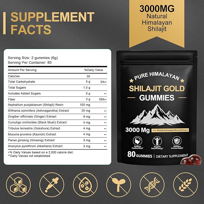 Shilajit Gummies for Men & Women, Rich in Ashwagandha & Gokshura, Fulvic Acid & 85+ Trace Minerals Micronutrient Supplement for Energy & Wellness, 100% Pure Organic Natural - 80 Gummies