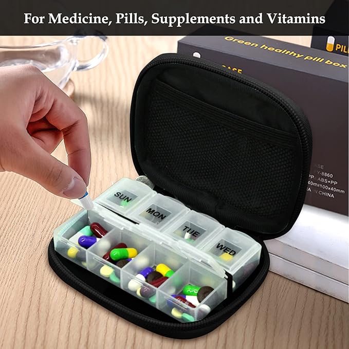 Serfeymi Weekly Travel Pill Organizer Pill Case for Purse with Removable 7 Day Pill Box, Fashionable Travel Medicine Organizer Pill Container for Medicine, Vitamin, Supplement - Black 01 + Pill Box