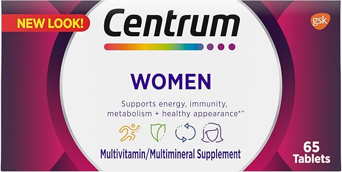 Centrum Multivitamin for Women, Multivitamin/Multimineral Supplement with Iron, Vitamin D3, B Vitamins and Antioxidant Vitamins C and E, Gluten Free, Non-GMO Ingredients - 65 Count