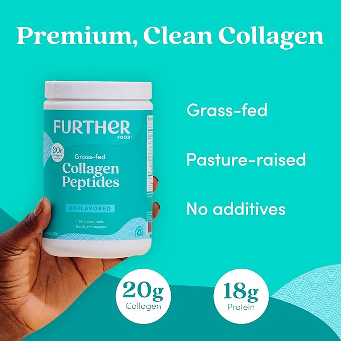 Further Food Unflavored Collagen Peptides Powder - 100% Grass-Fed, Hydrolyzed Type 1 & 3, 20g of Collagen per Serving, Supports Skin, Hair, Nails & Joints, 9.88 Oz