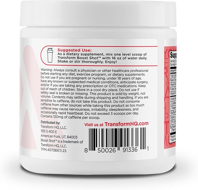 TransformHQ Energy & Focus Powder (Strawberry Lemonade) - Boost Shot Clean Energy Drink Mix - Sugar Free - Non-GMO, Gluten-Free, 28 Servings
