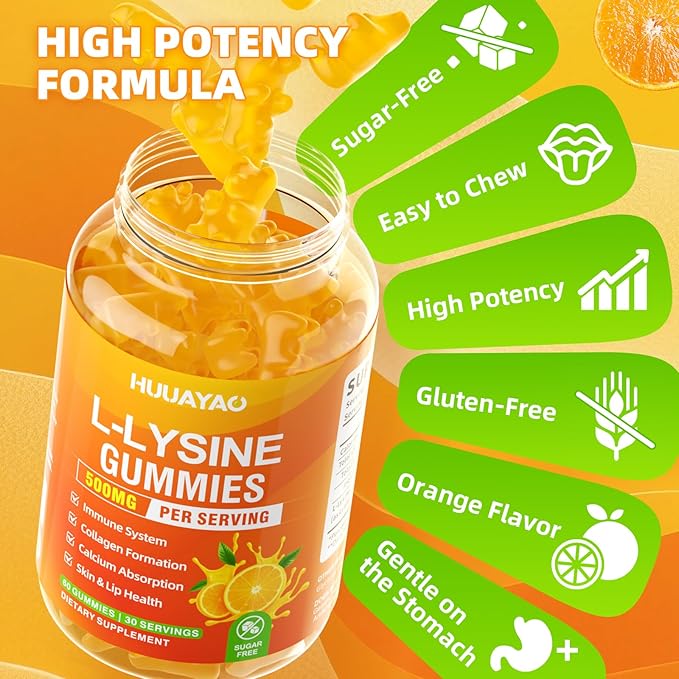 L-Lysine Gummies 500mg, Lysine Gummies Supplement for Immune Support & Skin Health, Collagen Formation Support, Vegan, Gluten Free Chewable Supplement for Adults & Kids, Orange Flavor, 60 Count