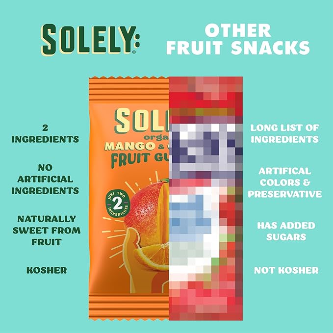 SOLELY - Organic Mango & Orange Whole Fruit Gummies (Pack of 6 Boxes, 5 Bags per Box) - Real Fresh Fruit - Healthy Snacks for Adults & Kids - Non GMO, Vegan Snacks, Shelf Stable - 30 Bags (3.5 oz)