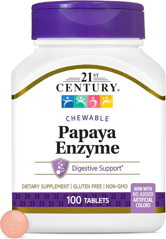 21st Century Papaya Enzyme Chewable (100 Count), Papaya & Pineapple Digestive Enzymes for Gut Health, Tropical Flavor, Non-GMO, Gluten-Free, No Added Salt, Artificial Flavors