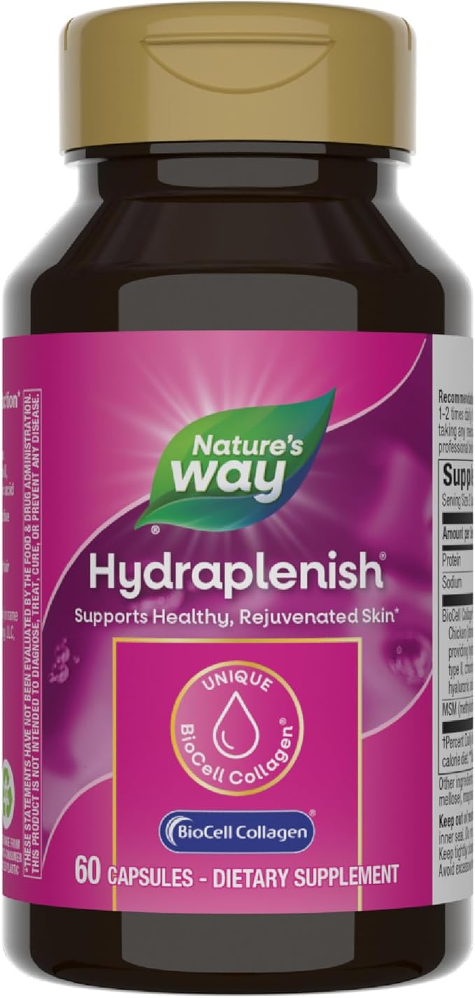 Nature’s Way Hydraplenish, Unique BioCell Collagen with Hyaluronic Acid, MSM, Supports Healthy Hair, Skin and Nails*, 60 Collagen Supplements Capsules (Packaging May Vary)