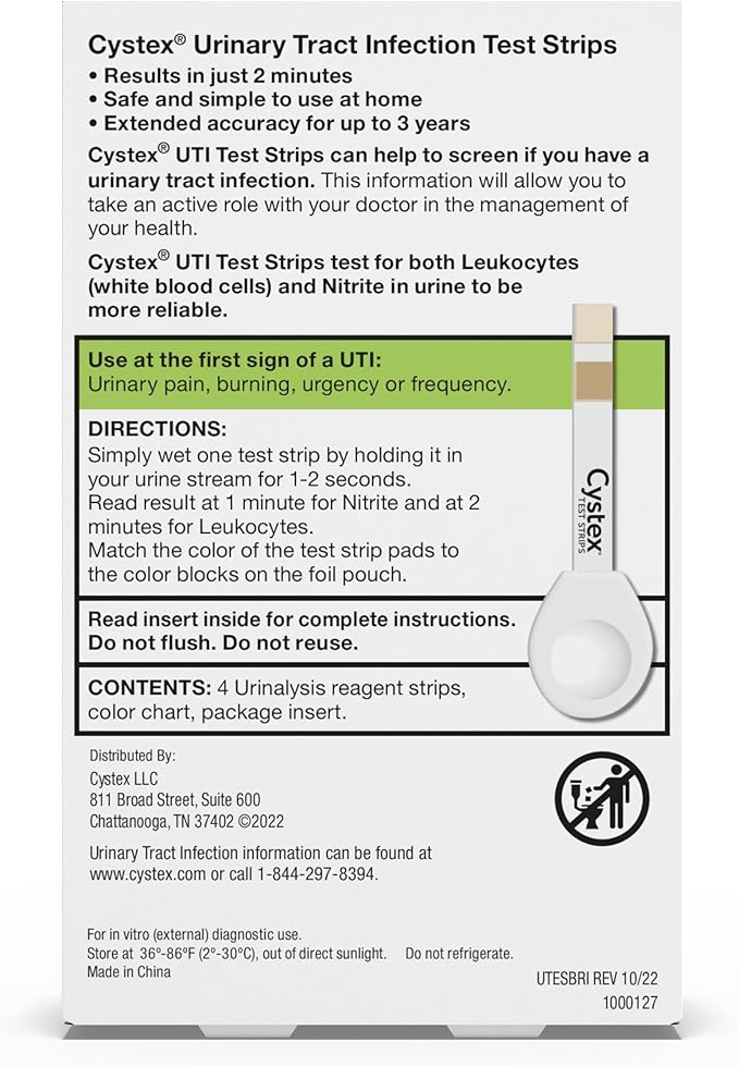 Cystex UTI Test Strips for Women & Men - Fast, At-Home Urinary Tract Infection Test Kit - Detects Leukocytes & Nitrites - Clinically Accurate Results in 2 Minutes - 4 Test Strips per Box