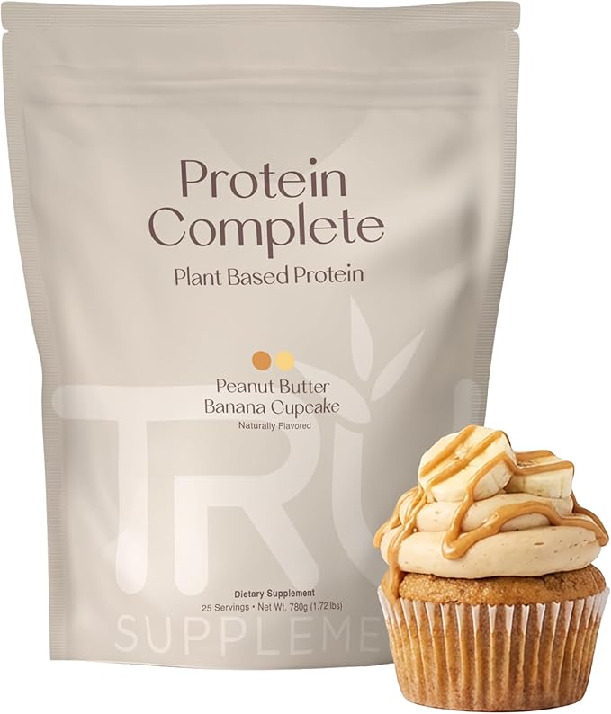 TRU Plant Based Protein Powder, BCAA, EAA, 20g Vegan Brown Rice & Pea Protein, 100 Calories, 27 Vitamins, No Artificial Flavors 25 Servings (Peanut Butter Banana Cupcake)