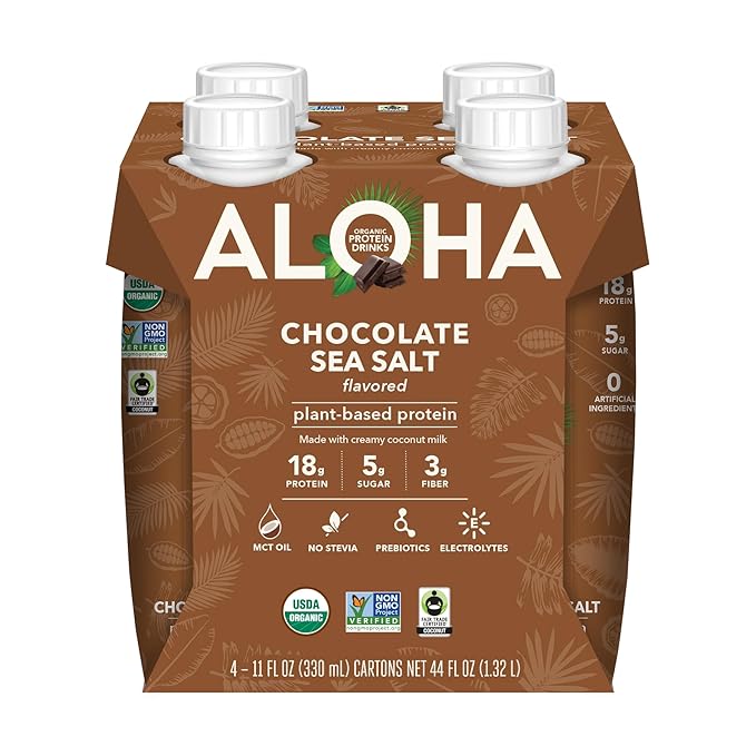ALOHA Organic Protein Drink, Chocolate Sea Salt, Low Sugar & Dairy Free Ready-to-Drink Protein Shake, Plant Based, Non-Dairy, Clean Ingredients, GLP-1 Friendly, 18g Protein, Gluten Free