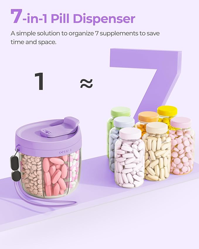 AMOOS Cute Pill Dispenser with 7 Large Compartments, Portable Pill Bottle Organizer with Wide Opening for Easy Use, Anti-Mix Pill Organizer for Travel, BPA-Free Pill Container, Purple