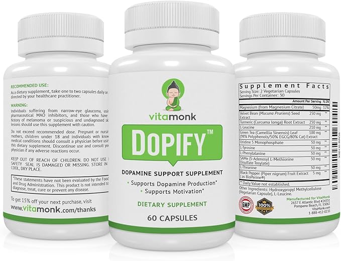 VitaMonk Dopify Dopamine Supplement Dopamine Booster with Uridine Monophosphate, Mucuna Pruriens, L-Theanine, Tyrosine and More - No Artificial Fillers, Just Brain Food - 60 Capsules