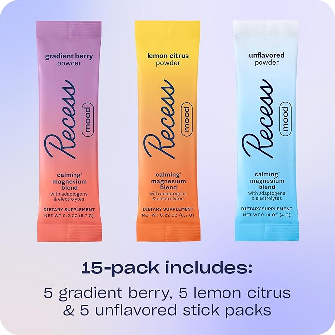 Recess Mood Powder, Magnesium L-Threonate Blend with Passion Flower, L-Theanine, Electrolytes, Magnesium Calm Support Powder Supplement -Sampler Pack, Pack of 15