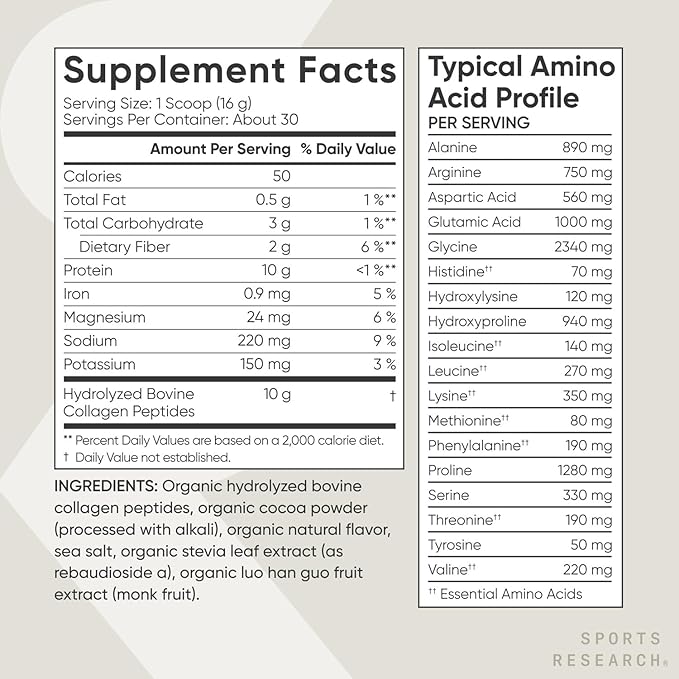 Sports Research Organic Collagen Peptides - Hydrolyzed Type I & III Collagen - Sustainable & Traceable Formula - Chocolate - 30 Servings