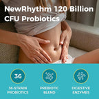 NewRhythm Probiotics 120 Billion CFU 36 Strains, 3-in-1 Probiotics with Prebiotics & Enzymes, Probioticos for Women & Men, Vegan Targeted Release Supplement, 60ct