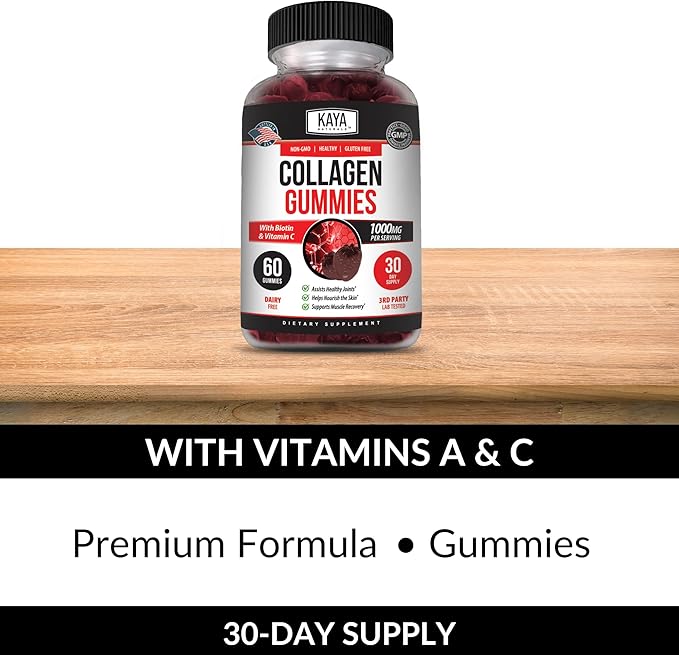 Kaya Naturals Collagen Gummies for Men & Women Supplement | Nature Made Gummies - 1000mg of Hydrolyzed Collagen, Vitamin C, Selenium & Biotin, Strawberry Flavor - 60 Count Gummies