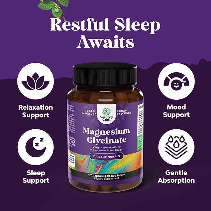 Pure Magnesium Glycinate Supplement 500mg - Magnesium for Sleep and Rest Capsules for Men & Women - Unflavored Vegan High Absorption Pills for Relaxation Support - 120 Count