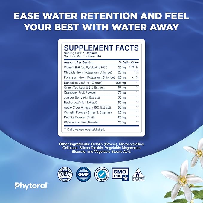 Water Retention Pills for Women & Men - Herbal Diuretic Supplements - Fluid Retention Supplement with Dandelion Leaf Extract & Green Tea for Bloating Relief - Pills for Leg & Feet Swelling - 90 Count