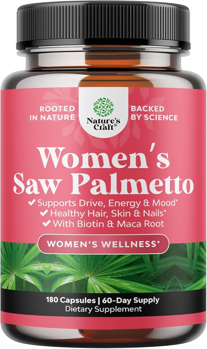 Extra Strength Saw Palmetto for Women - DHT Blocker Restoring Hair Vitamins for Hair Health - 500mg Pure Saw Palmetto Capsules with Maca Root & Biotin for Stronger Healthier Looking Hair 180 Count
