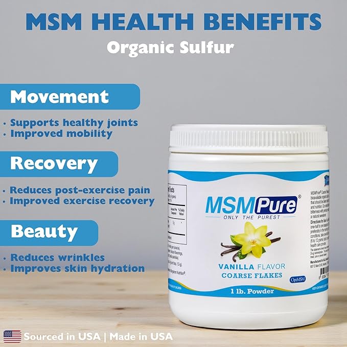 KALA HEALTH MSMPure Vanilla Flavored Coarse MSM Powder Flakes – US-Made MSM for Joint Health, Skin Appearance, and Hair & Nail Support – 1 lb, Organic Sulfur