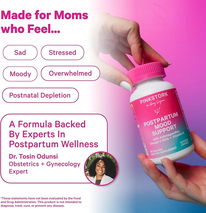Pink Stork Postpartum Mood Support - Postnatal Hormone Balance for Moms - Breastfeeding Friendly - Stress & Cognitive Support, Postpartum Essentials - Ashwagandha, Chamomile, & Vitamin D, 120 Capsules