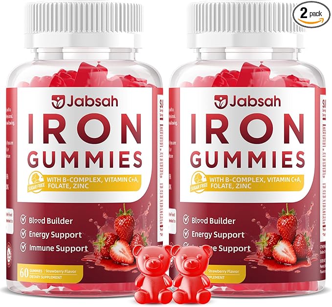 Vegan Iron Gummies for Women & Men, Iron Supplement with B-Complex, Vitamin C, A, Folate for Adults & Kids - Blood Builder & Energy Support & Immune Health - Strawberry Flavor, 120 Gummies