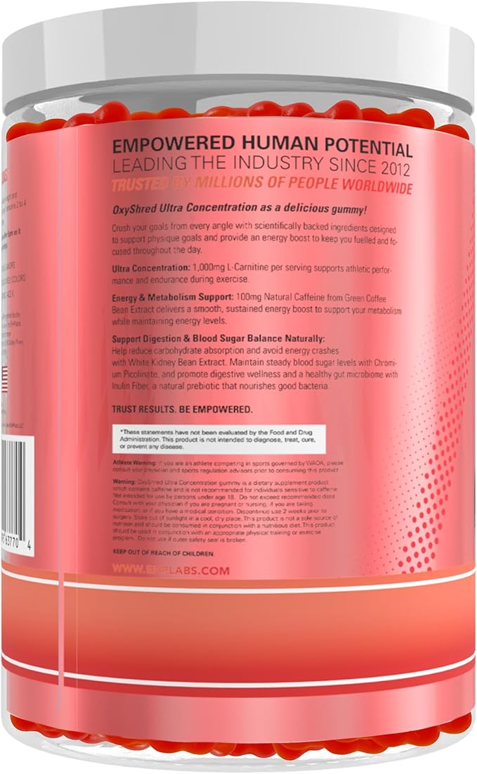 EHP Labs OxyShred Gummies - Pre Workout Gummies & Energy Chews with 100mg Caffeine, L-Carnitine for Thermo & Metabolic Support, All Natural Energy Boost - Strawberry Flavor – 60 Servings
