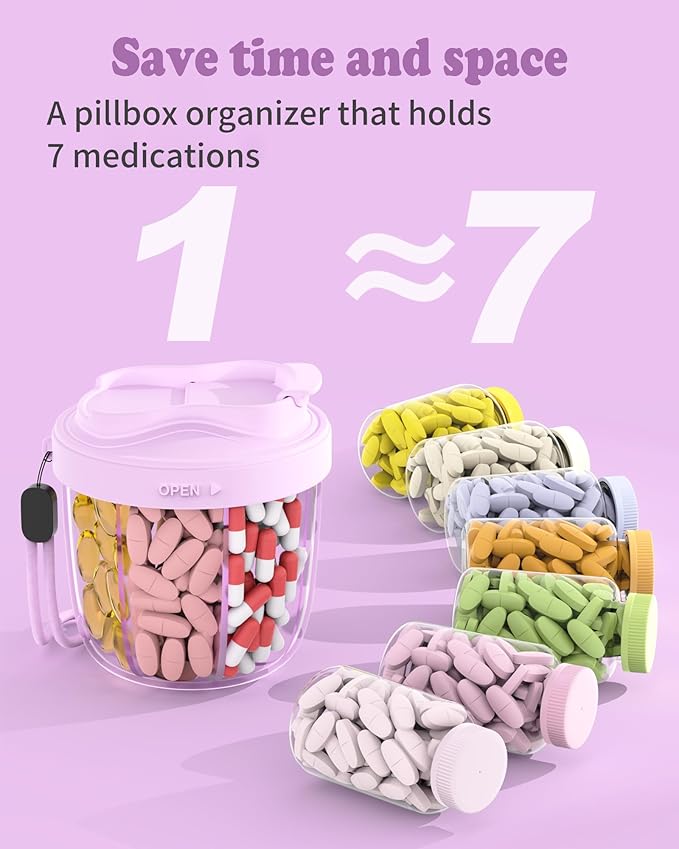 Pill Organizer with 7 Compartments, Pill Box Case for Holding 7 Different Vitamins, Anti-Mix Design for Easy Medication Retrieval. Travel Pill Organizer with 20 Labels. Pill Container（Purple）