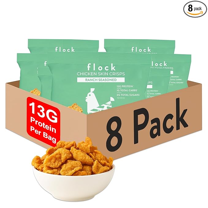 Flock Keto Chicken Skin Chips | Low Carb, High Protein, Sugar Free, Gluten Free Single Serve Snack – Ranch Flavor, 8-Pack (1oz)