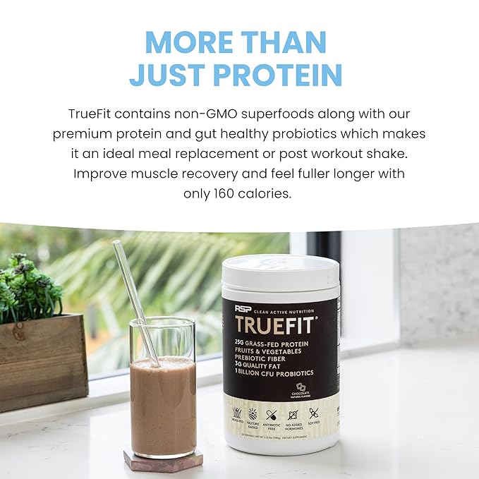 TrueFit High Fiber Protein Powder, Grass-Fed Whey Meal Replacement Shake with Prebiotics, Probiotics, & Organic Superfoods, Keto Friendly, Gluten Free