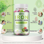 Iron Supplement for Women, Men & Kids, 65mg & Vitamin C 250mg per Serving with B6 B12 Folate- Energy Support for Iron Deficiency, Anemia, Vegan GummyRaspberry Kiwi & BlackBerry Flavor, 60 Gummies