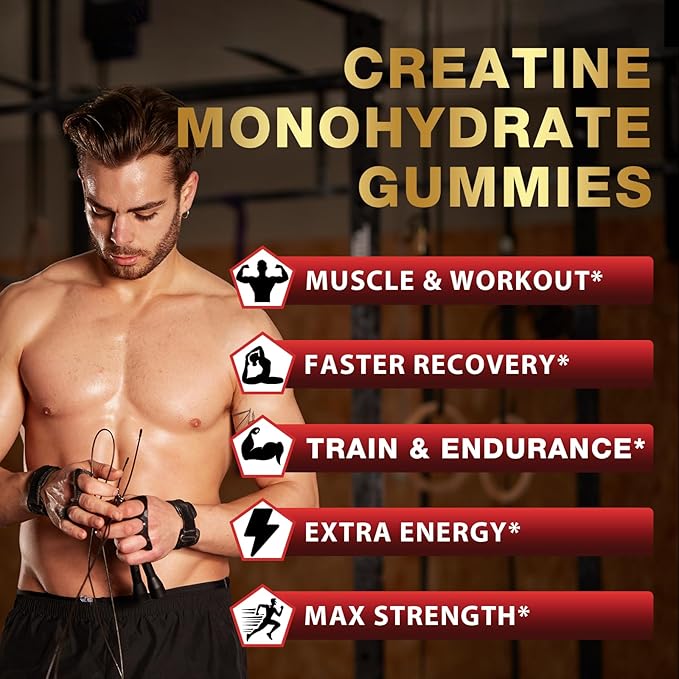 Creatine Monohydrate Gummies for Men & Women, Creatine for Women Chewables Creatine Monohydrate with Taurine & Vitamin B12, Pre-Workout Gummies for Max Strength, Energy & Endurance, Berry 60 Counts