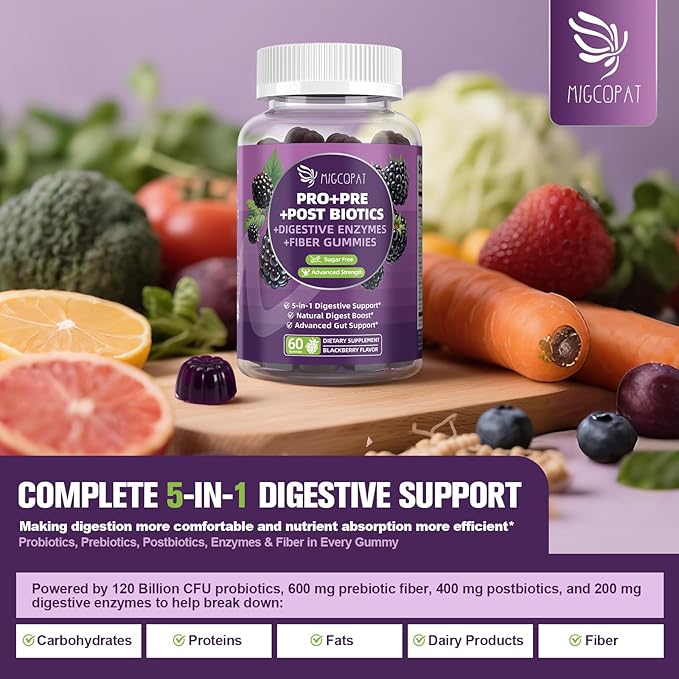 Migcopat Pre Post Probiotics Gummies, Probiotic Prebiotic Postbiotic Digestive Enzymes with Fiber, 120 Billion CFU Probiotics Complete Gut Support, Sugar Free, Vegan, BlackBerry Flavor, 60 Cts