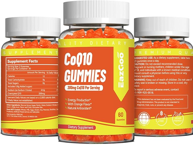 CoQ10 Gummies 200mg, Vegan Supplement for Energy Production, Non-GMO, Gluten Free (120 Gummies)