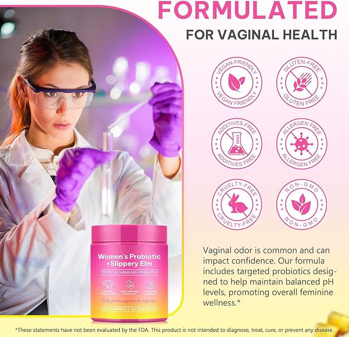 Feminine Probiotics Gummies for Women 60 Count, Vaginal Probiotics Gummies with Slippery Elm, Vegan for Women PH Balance, Gut Health & Immune System, Prebiotics & Lactobacillus Blend Pineapple Flavor