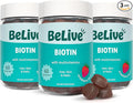 BeLive Biotin Gummies - Skin, Nails & Hair Vitamins with A, C, D, E, B12, Zinc, Folate & Inositol, Biotin Supplement for Anti-Aging, Energy & Collagen Boost, Multivitamin Gummies - Strawberry | 3-Pack