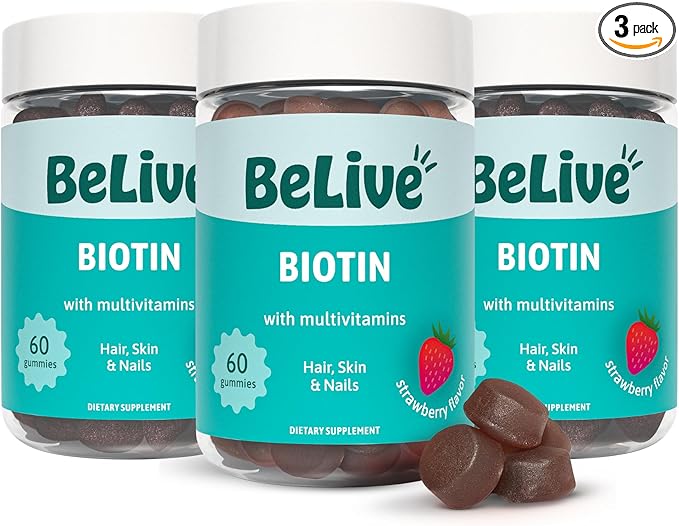 BeLive Biotin Gummies - Skin, Nails & Hair Vitamins with A, C, D, E, B12, Zinc, Folate & Inositol, Biotin Supplement for Anti-Aging, Energy & Collagen Boost, Multivitamin Gummies - Strawberry | 3-Pack