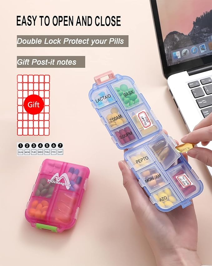 4PS Travel Pill Organizer with 164 Slice Labels，10 Compartments Travel Pill Box Portable Folding Small Pill Case Daily Pill Container Used for Carry Storage Medicine Organizer By M MUchengbao (Grey)