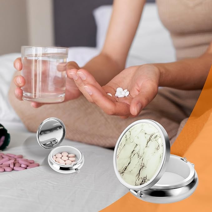 WLLHYF Pill Box Cute Small Pill Box for Purse & Pocket Medicine Organizer Travel Pillbox Waterproof Pills Cases Metal Pills Container Holder for Vitamins, Fish Oil, Supplements (Silver Marbles)