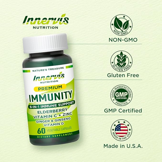 Immune Support 6-in-1 – Elderberry, Ginger, Korean Ginseng, Vitamin C 500mg, D3 2500IU, Zinc | Vegan Capsules – 1 Month Supply | Innervis Nutrition