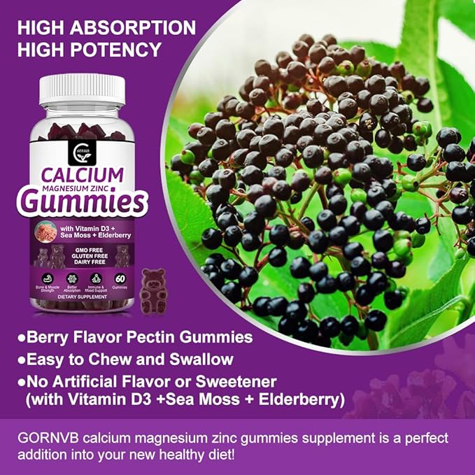 Calcium Magnesium Zinc Gummies with High Absorption Magnesium Glycinate 300mg, Potassium - Plant Complex Calcium Magnesium 2:1 Ratio, with D3 Sea Moss for Bone, Immune & Sleep Support, Vegan-1 Pack