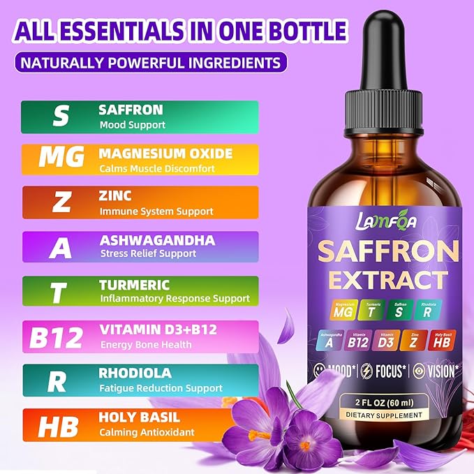 Saffron Extract for Anxiety Relief & Calm Mood Support | 88.5mg Saffron Supplement | Enhanced with Manganese for Brain & Stress Support | Vegan, Non-GMO, Alcohol-Free Tincture, Based in USA - 2 Oz