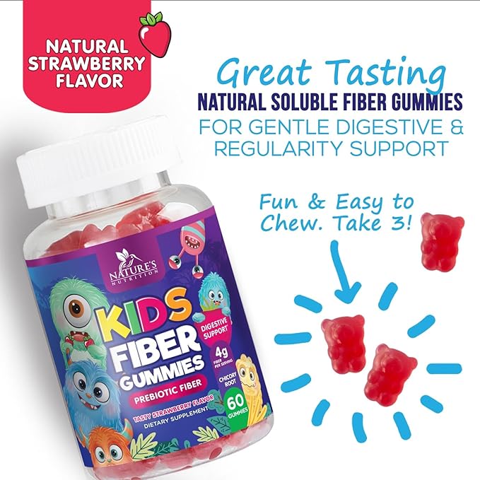 Fiber Gummies for Kids - Dietary Fiber 4g Per Serving - Daily Kids Fiber Gummy Supplement - Soluble Inulin Prebiotic Gummy for Digestive Health Support - Plant-Based Regularity Support - 60 Gummies