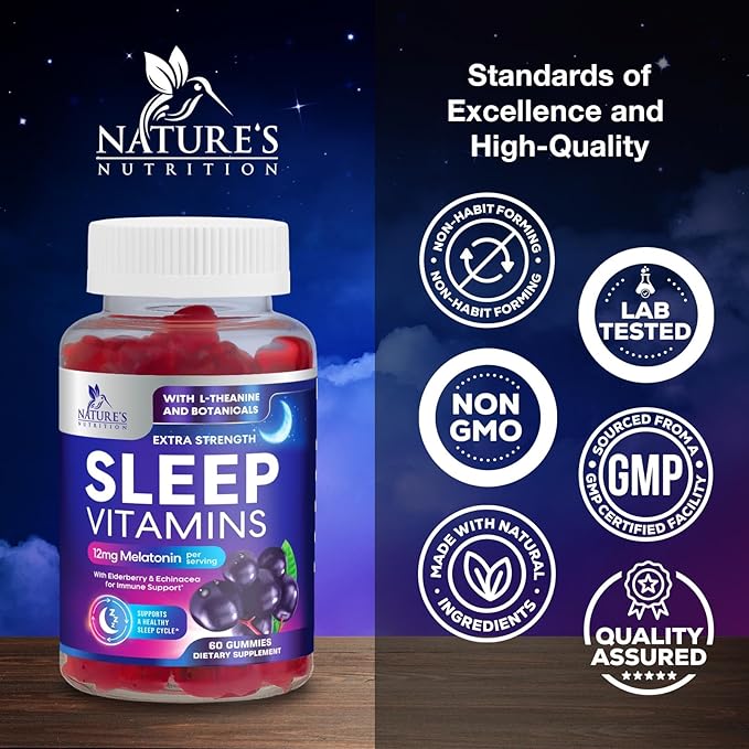 Sleep Gummies with Melatonin 12 mg Per Serving - Extra Strength Sleep Vitamin Gummy, Natural Melatonin Gummy, Occasional Sleep Support Supplement for Adults, Vegan, Gomitas para Dormir - 60 Gummies