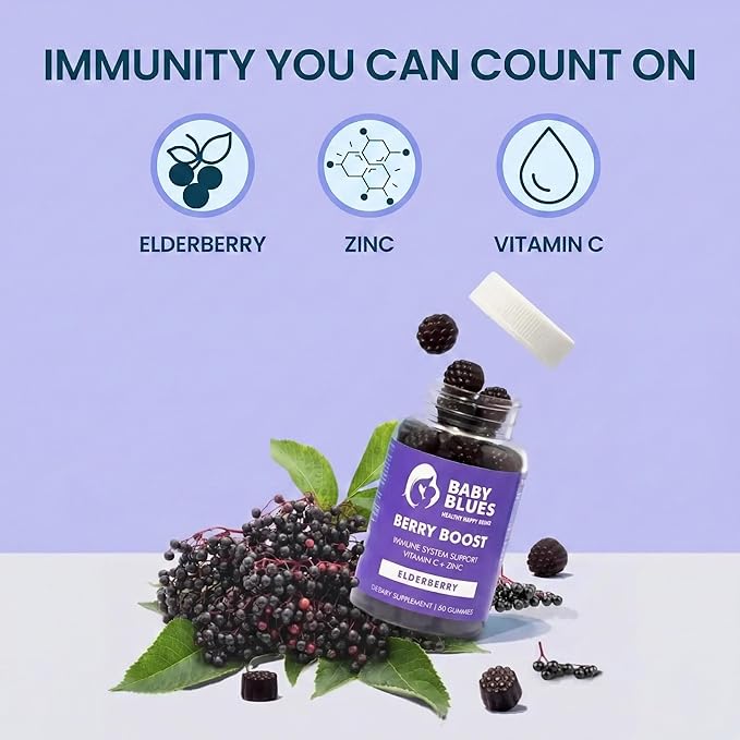 Baby Blues Berry Boost for Moms, Immunity Elderberry Gummies Immune Support Supplement with Vitamin C and Zinc for Adults, Non-GMO Immune System Vitamins Booster Vegan Gluten Free Gummies, 60pcs