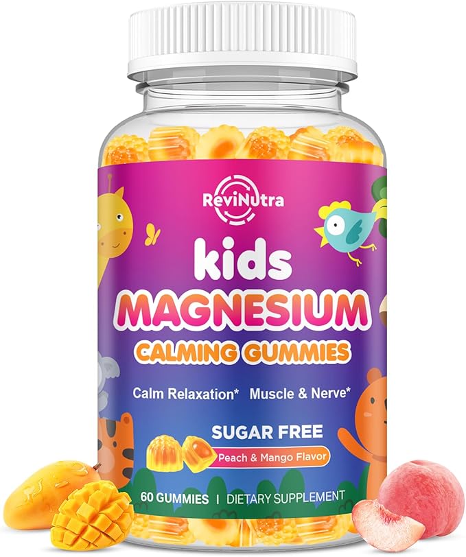 Center-Filled Kids Magnesium Gummies - Magnesium Glycinate Gummies for Kids Adults with L-Theanine, Chamomile, Licorice, Vitamin D, B6 for Sleep, Relaxation, Brain & Muscle - Sugar Free Peach & Mango