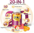 Fiber Gummies for Adults Fiber Supplement 4.5g 20-in-1 Probiotic Gummies Inulin Prebiotic psyllium Husk Powder Organic Supplement, Support for Gut Digestive Health, 60-Count, Orange & Peach